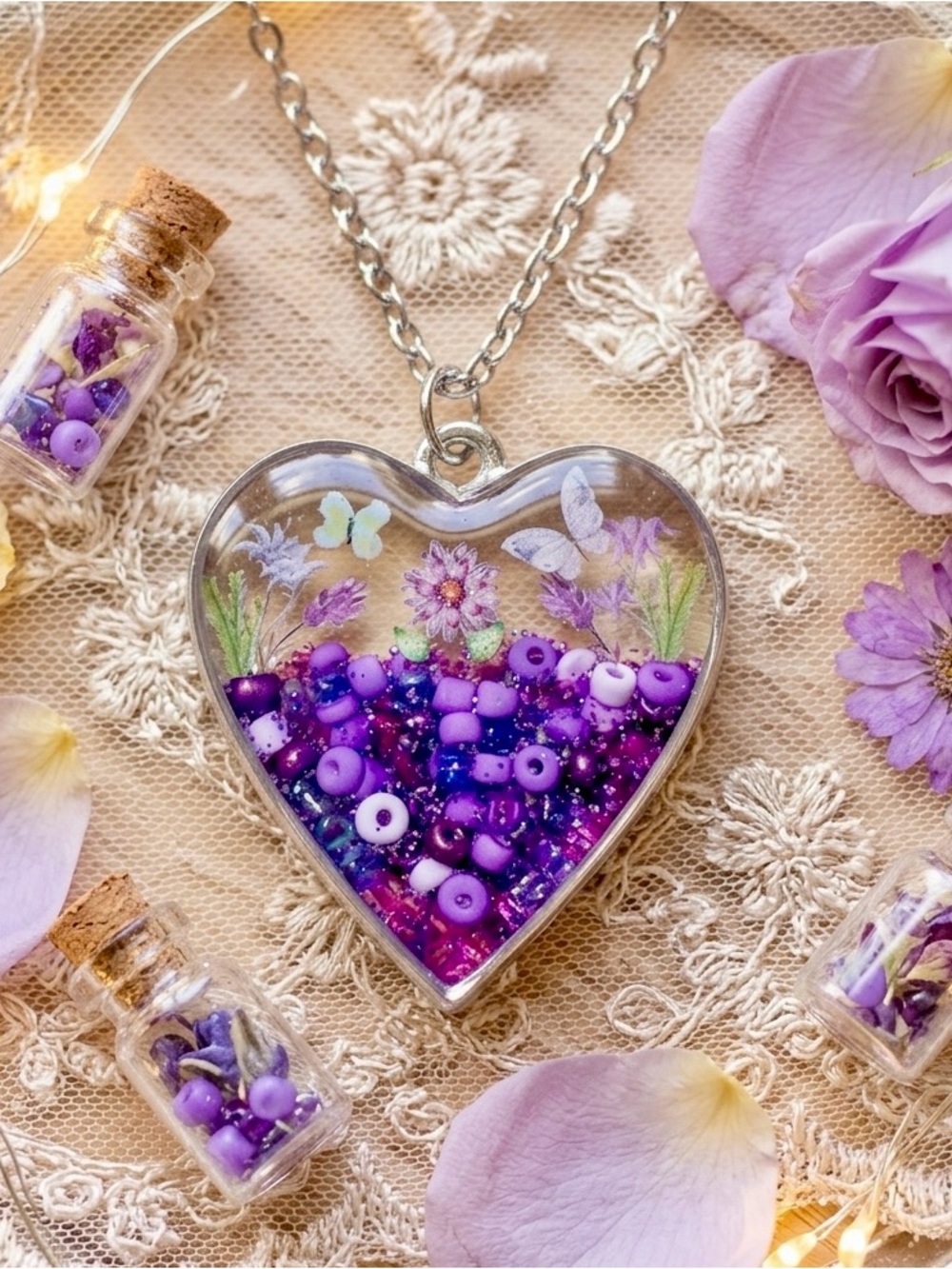 Whimsical Heart Pendant Necklace in Purple with Bead Fill
